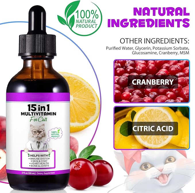 Cat Multivitamin,15 in 1 Cat Vitamins Liquid Drops Supplements for Heart Health, Bones, Joint, Skin & Coat, Bladder, Immune System Support 60ml-2pcs