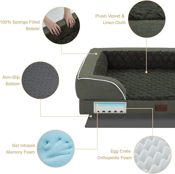Orthopedic XL Dog Bed for Extra Large Dogs, Waterproof Memory Foam Dog Beds with Sides, Non-Slip Bottom and Egg-Crate Foam Big Dogs Beds with Removable Washable Cover(X-Large,Dark Green)
