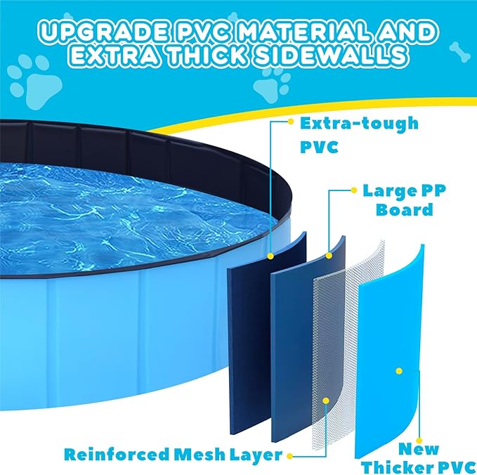 Foldable Dog Pool - 71" x 12" Anti-Slip Portable Dog Swimming Pool, Hard Plastic Collapsible Kiddie Pool for Outdoor and Indoor for Pets Dogs Cats and Kids