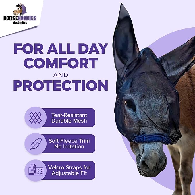 Donkey Fly Mask with Long Ears (Orange) Made in USA - Mule Fly Mask with Ears Protection from Insects and Bugs, Small Donkey Soft Mesh Fabric with Adjustable Fastener, Face Cover Supplies for Donkeys