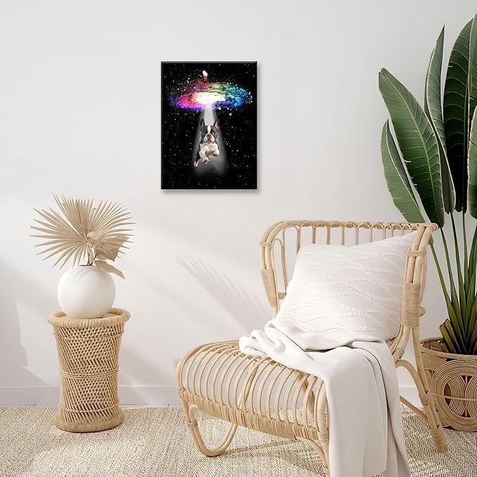 Funny Dog Wall Art Canvas Boston Terrier Wall Decor Prints Framed Painting Bulldog Galaxy Pictures Gifts Artwork for Bathroom 12"x16"