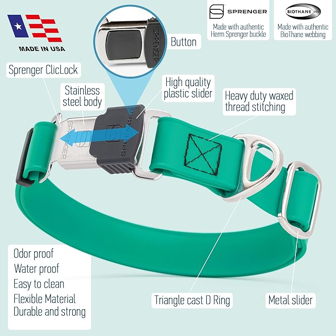 Dogline Biothane Waterproof Dog Collar with Herm Sprenger Stainless Steel Quick Release Buckle – Heavy Duty Tactical Durable Collar for Dogs – Comfortable and Safe Pet Collar, W 1" L 15-25", Teal
