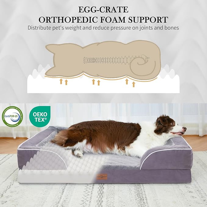 Comfort Expression Large Dog Beds Waterproof Comfy Pet Bed for Dogs Sofa, Orthopedic Foam Dog Beds with Washable Removable Cover & Non-Slip Bottom(Large,Purple)