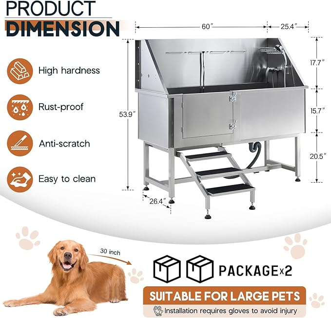 Albott 60 Inch Stainless Steel Dog Washing Station with Anti-Slip Steps, Sprayer, Faucet, Soap Box, Tow Rope – Professional Pet Bathtub for Large Pets, Ideal for Home, Garage, and Grooming(Left)