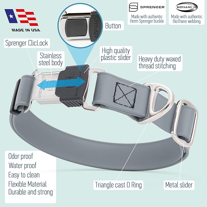 Dogline Biothane Waterproof Dog Collar with Herm Sprenger Stainless Steel Quick Release Buckle – Heavy Duty Tactical Durable Collar for Dogs – Comfortable and Safe Pet Collar, W 1" L 15-25", Gray