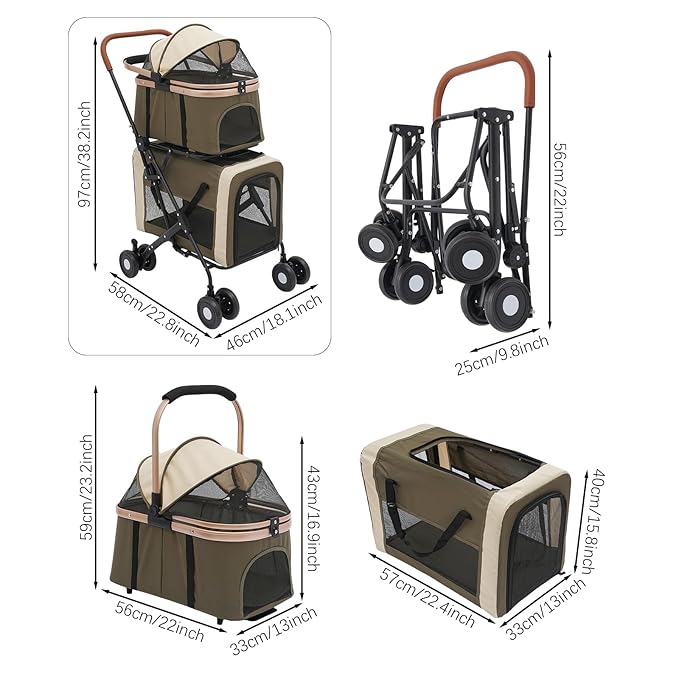 Double Pet Stroller with Detachable Carriers, Large Cat & Dog Stroller with 4 Wheels, Foldable Pet Strollers Small & Medium Dogs Cats 77lbs (Dark Green)