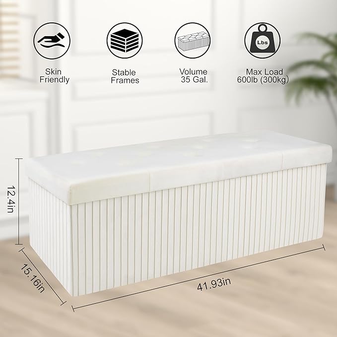 Storage Ottoman Bench, 43 Inch Foldable Ottoman with Legs, Velvet Foot Rest Stool, End of Bed Bench, Storage Chest for Living Room, Bedroom (Beige)