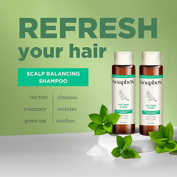 Soapbox Tea Tree Shampoo and Conditioner Set, Scalp Balancing with Tea Tree Oil, Jojoba Oil, Aloe and Shea Butter to Clean and Purify for All Hair Types, 1 Liter Each (Pack of 2)