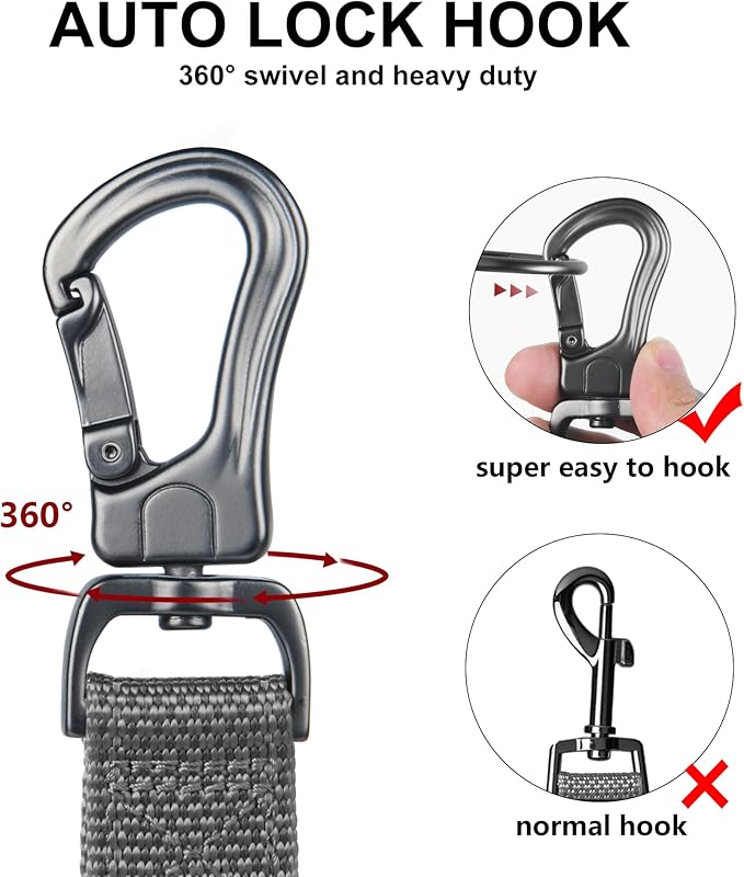 TwoEar 4FT 1IN Strong Gray Dog Leash with 2 Padded Handles, Traffic Handle Extra Control, Comfortable Soft Dual Handle, Auto Lock Hook, Reflective Walking Lead for Small Medium and Large Dogs