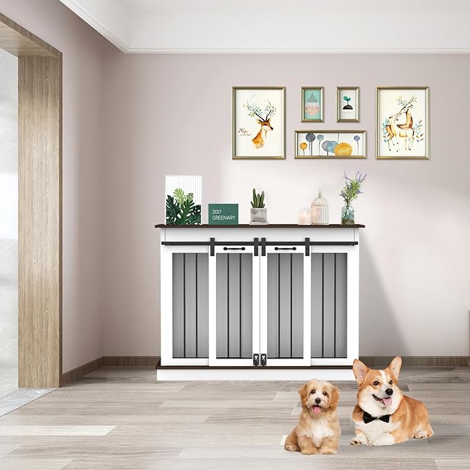 RQZ Double Dog Crate Furniture for 2 Dogs Heavy Duty Wood Dog Cage Table with 2 Sliding Doors and Removable Divider Dog Kennel Indoor for Medium Large Dogs (47" L x 24" W x 35" H)