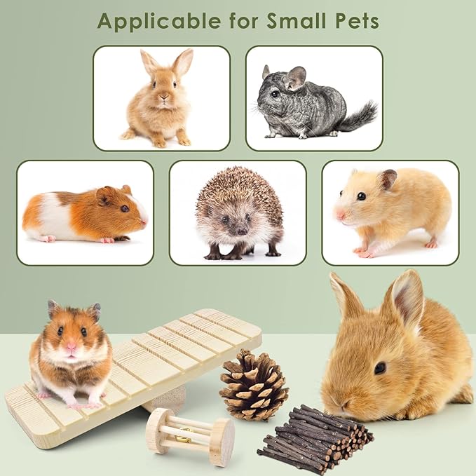 ERKOON New 12 Pack Hamster Chew Toys Gerbil Rat Guinea Pig Chinchilla Chew Toys Accessories, Natural Wooden Dumbbells Exercise Bell Roller Teeth Care Molar Toy for Rabbits Bird Rabbits Hamster Gerbil