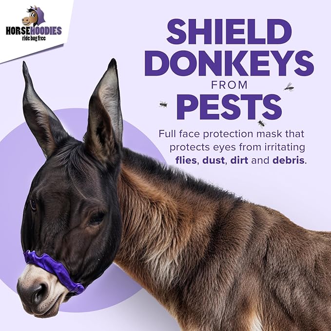 Donkey Fly Mask with Long Ears (Black) Half Hoodie for Standard Donkey, Made in USA - Mule Fly Mask with Ears Protection from Insects and Bugs, Face Cover Soft Mesh Fabric with Adjustable Fastener