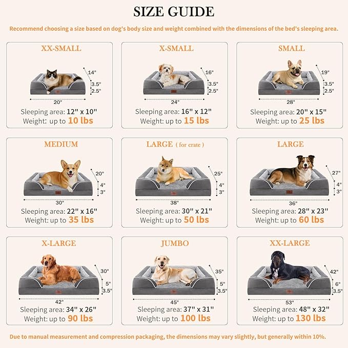 Comfort Expression Small Dog Beds Waterproof Orthopedic Foam Dog Sofa Beds for Small Dogs Comfy Pet Bed with Washable Removable Cover & Non-Slip Bottom(X-Small,Grey)