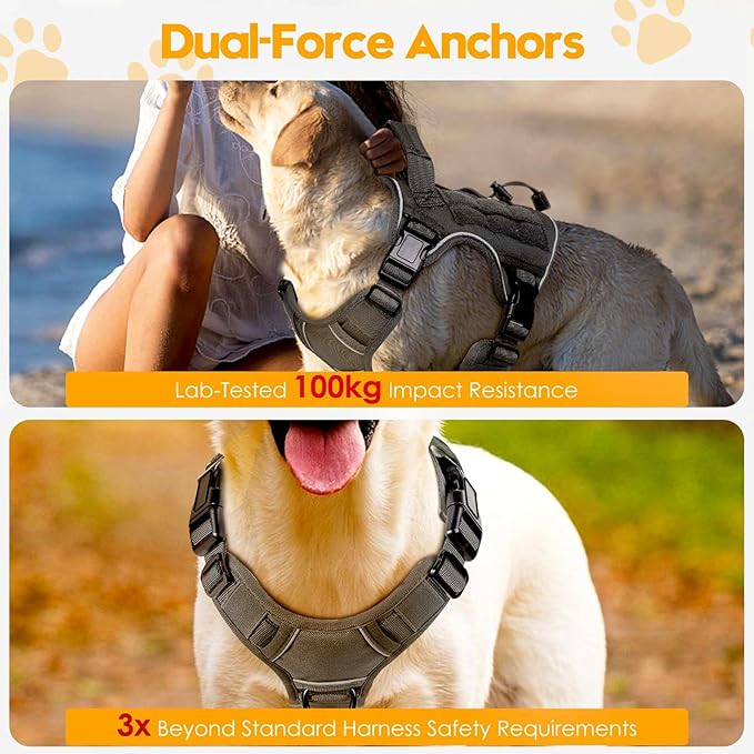 Heavy-Duty Tactical Dog Harness for Large Dogs, No Pull Adjustable Reflective Pet Vest with Molle System, K9 Military-Grade Control for Service Training, Outdoor & 10+ Breeds, Gray, Medium