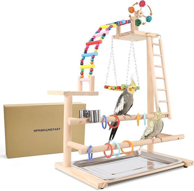 Bird Playground, Perch Stand Parrot Playstand Play Gym with 2 Perches Stand Windmill Toys, Playpen for Parakeet Conure Cockatiel Lovebird Budgie Caique, Exercise Playgym with feeding Cups