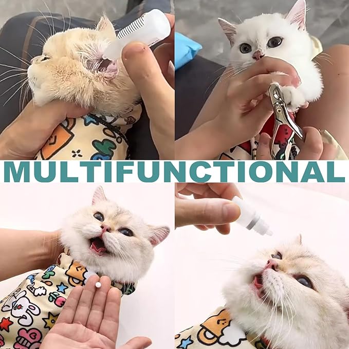 Cat Grooming Wrap, 2pcs [M+L] Cat Restraint Wrap for Nail Clipping, Ear Cleaning, and Teeth Brushing, Self-Adherent, Anti-Bite, Anti-Scratch, Anti Scratch, Pink+Yellow