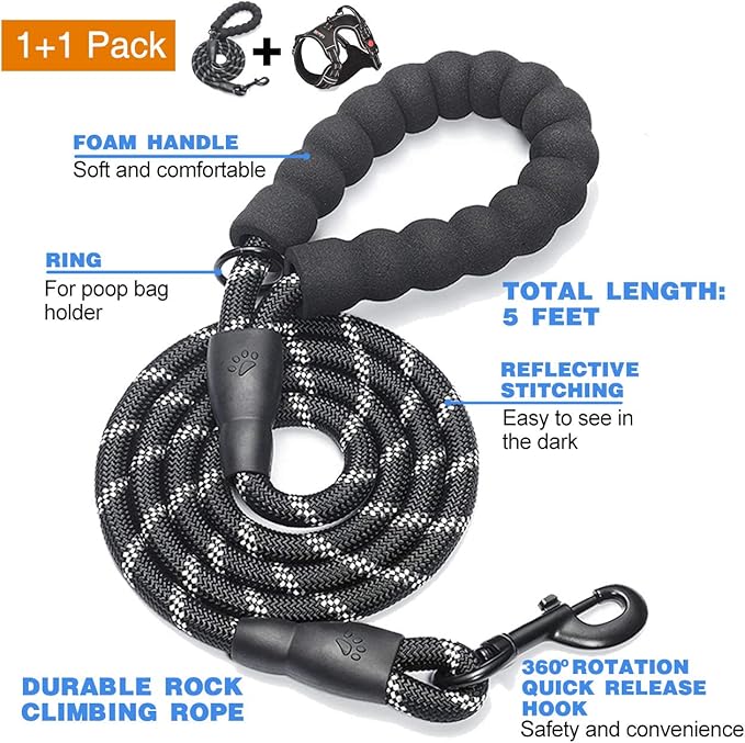No Pull Dog Harness Adjustable Reflective Oxford Easy Control Medium Large Dog Harness with A Free Heavy Duty 5ft Dog Leash (M (Neck: 14.5"-20.5", Chest: 22"-28"), Black Harness+Leash)