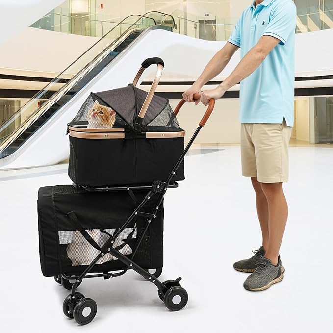 2-Layers Pet Stroller for 2 Cats/Dogs,Foldable Lightweight 77lbs Capacity Carrier, 4 Wheels, Removable Basket & Storage Pocket,for Small Pets (Black)