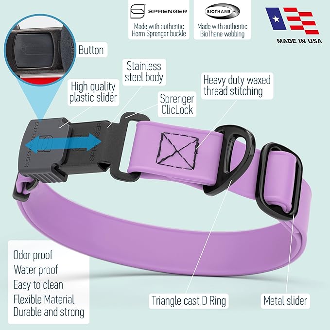 Dogline Biothane Waterproof Dog Collar with Herm Sprenger Stainless Steel Quick Release Buckle – Heavy Duty Tactical Durable Collar for Dogs – Comfortable and Safe Pet Collar W 3/4" L 12-19" Amethyst