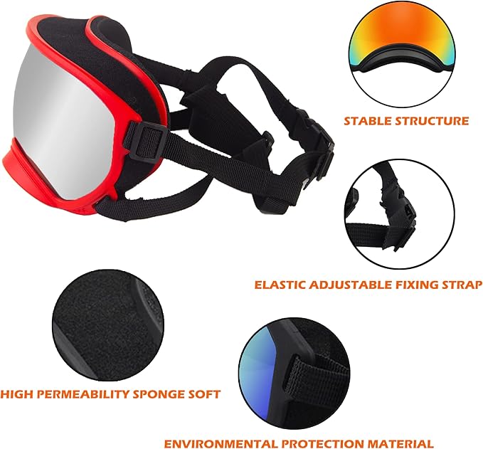 Large Dog Sunglasses with Adjustable Strap UV Protection, Winproof Puppy Sunglasses, Suitable for Medium-Large Pet Glasses, Dogs Eyes Soft Goggles, Red Silver