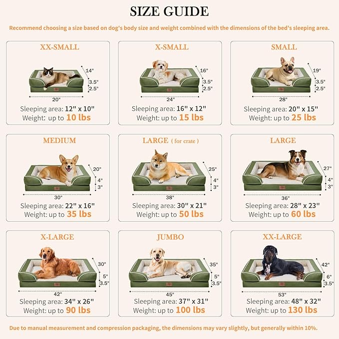 Comfort Expression Medium Dog Beds Waterproof Orthopedic Foam Dog Sofa Beds for Medium Large Dogs Comfy Pet Bed with Washable Removable Cover & Non-Slip Bottom(Medium,Light Green)