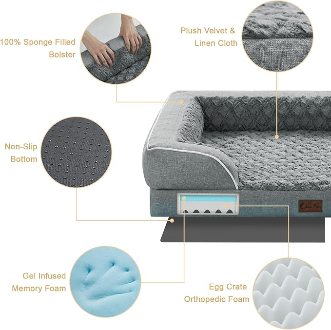 Orthopedic XXL Dog Bed for Extra Large Dogs, Waterproof Memory Foam Dogs Bed with Sides, Egg-Crate Foam and Non-Slip Bottom Big Dog Couch Bed with Washable Removable Cover(XX-Large,Grey)