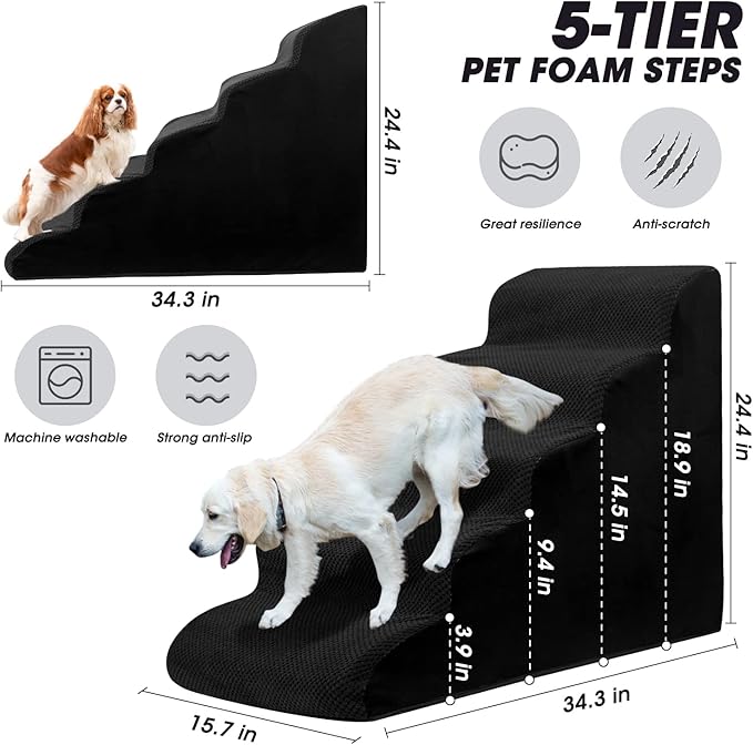 Dog Stairs&Steps for High Beds Up to 28'', 5-Step Dog Ramp for Small Medium Dogs with Washable Cover, Pet Steps for Cats to Get on Couch and Sofa, Durable Foam Ladders, 24.4" Tall, Black