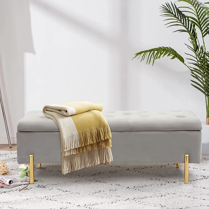 45.6 Inch Velvet Storage Bench, Tufted Upholstered Ottoman with Storage, Bedroom Living Room Entryway Rectangular Accent Bench, Grey