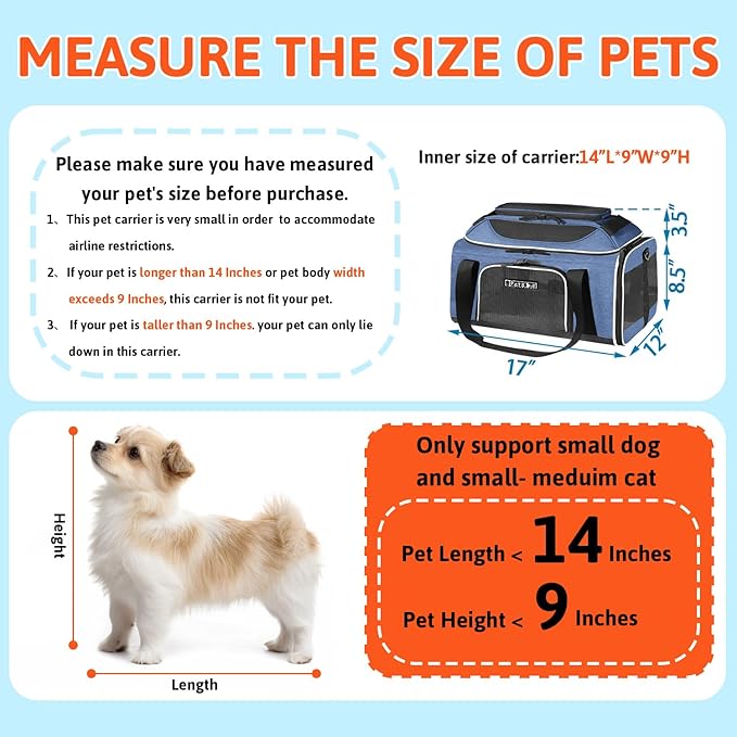 Petskd Top-Expandable Pet Carrier 17x12x8.5 Inches JetBlue Allegiant Spirit Airline Approved, Soft-Sided Carrier for Small Cats and Dogs with Locking Safety Zippers and Anti-Scratch Mesh(Blue)