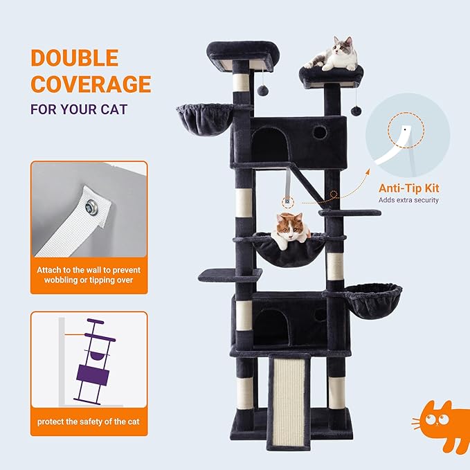 Allewie 81 Inches Tall Cat Tree/Multi-Level Large Climbing Tree House and Towers for Big Feline/Condo and Hammock/Scratching Post/Wide Base/Dark Grey