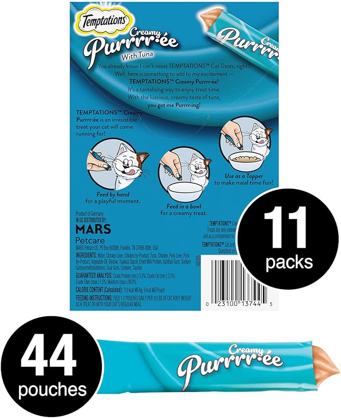 Temptations Creamy Puree Squeezable Lickable Wet Cat Treats with Tuna, 0.42 oz. Tubes, 4 Count, Pack of 11 (44 Total)