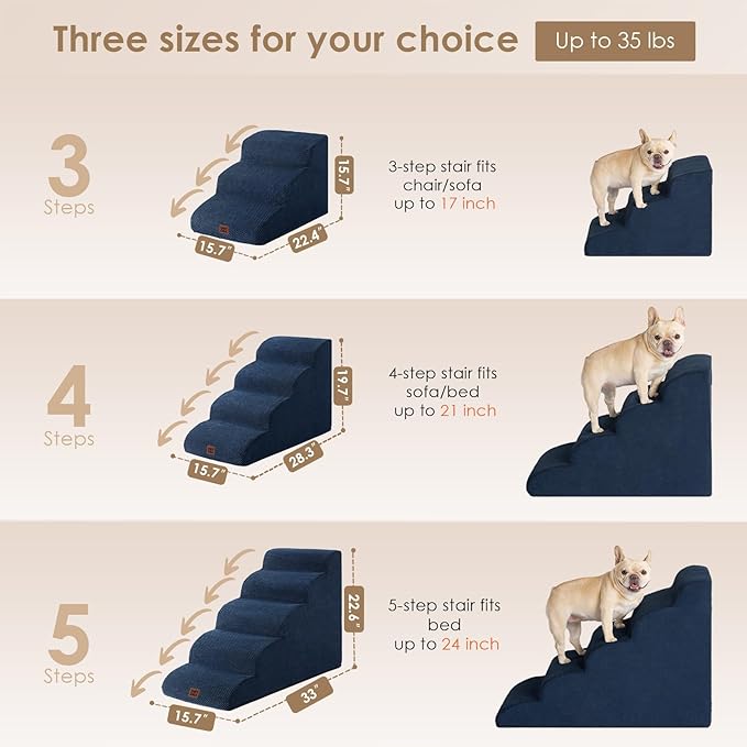 EHEYCIGA Curved Dog Stairs Ramp for Small Dogs 15.7" H, 3-Step Dog Steps for Couch Sofa and Chair, Pet Stairs for Cats, Non-Slip Balanced Pet Steps Indoor, Navy