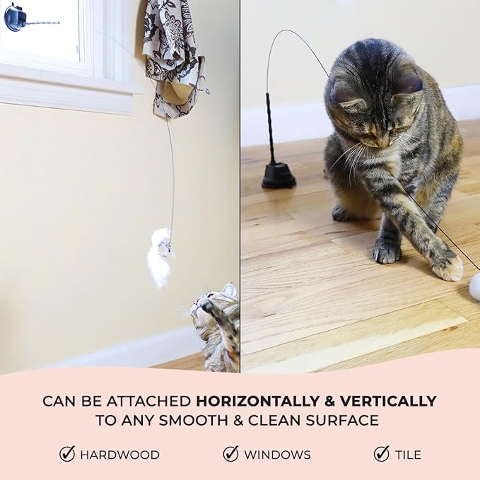 Interactive Bird Simulation Cat Toy Set, Interactive Cat Toys for Indoor Cats, Cat Feather Toy, Self-Holding Suction Base, 5 Replacement Birds, Feathers & Bells, Realistic Bird Impression