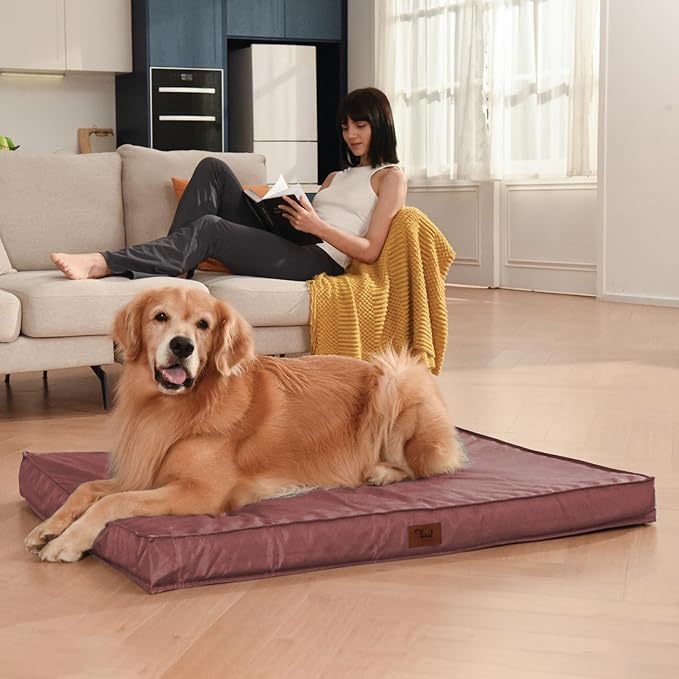 Outdoor Extra Large Dog Crate Bed, Big Waterproof Dog Bed for Large Dogs, Orthopedic Egg Foam Pet Bed Mat with Removable Cooling Cover, Pink
