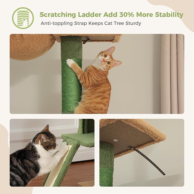 PEQULTI Floor to Ceiling Cat Tree, Tall Cat Tower, Adjustable Height (83''-108'') 5 Levels Climbing Tree for Indoor Cats with Cat Condo, Cozy Hammock and Scratching Post, Green