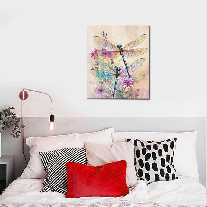 Dragonfly Bathroom Pictures Wall Art, Floral Bathroom Wall Decor, Framed Painting Canvas Artwork for Bedroom Living Room Decorations 24"L x 20"W