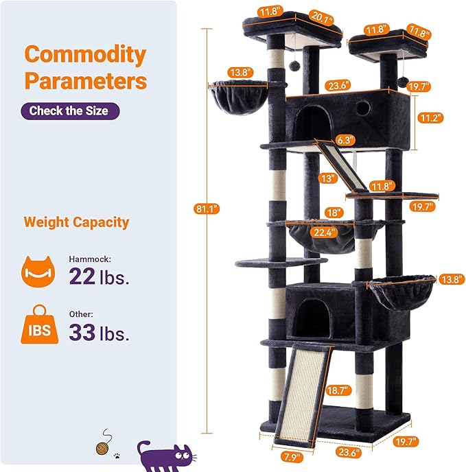 Allewie 81 Inches Tall Cat Tree/Multi-Level Large Climbing Tree House and Towers for Big Feline/Condo and Hammock/Scratching Post/Wide Base/Dark Grey