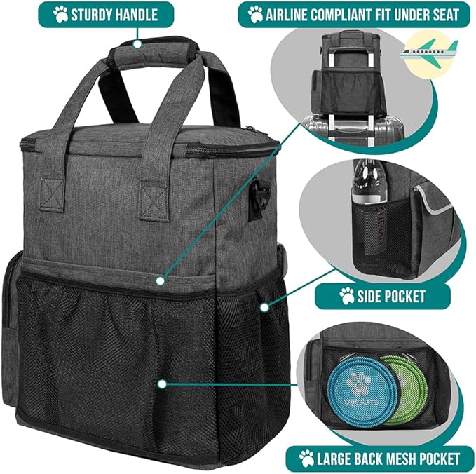 PetAmi Dog Travel Bag Pet Supplies Accessories Organizer for Traveling, Camping, Weekend; Cat Pet Travel Bag Kit Includes 2 Food Storage Containers, 2 Collapsible Bowls, 1 Feeding Mat (Dark Gray)
