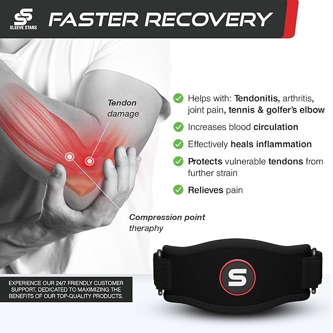 Sleeve Stars Tennis Elbow Brace for Women - Adjustable Tennis Elbow Strap, Golfers Elbow Brace for Men, Counterforce Brace for Tennis Elbow for Tendonitis Relief, Fits 9"-23" (Pair/Black)