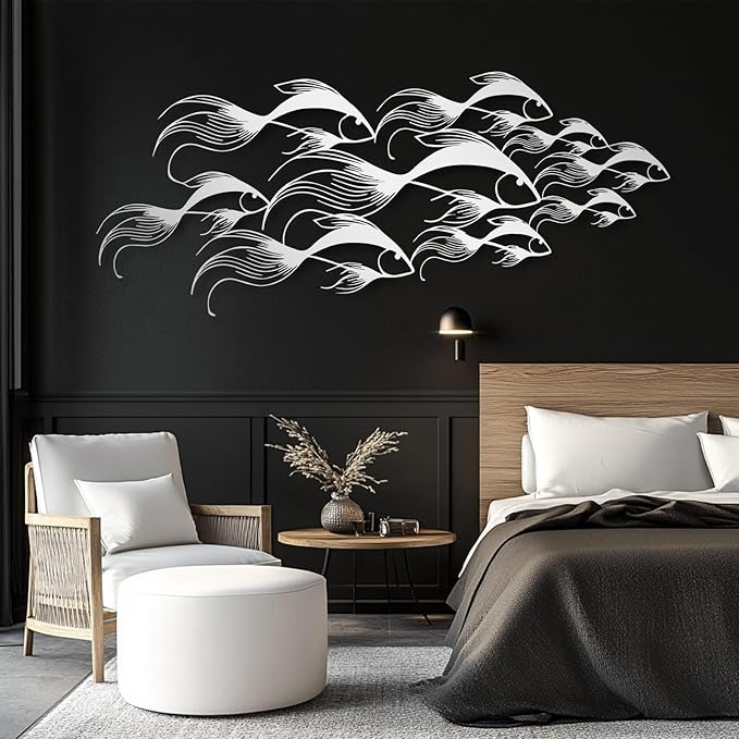 School of Fish Metal Wall Art, Metal Fish Wall Decor, Sea Life Wall Art, Large Nautical Wall Hanging, Modern Beach House Wall Decor, Ocean Themed Artwork for Bathroom (Silver, 24"x10" | 60x25cm)