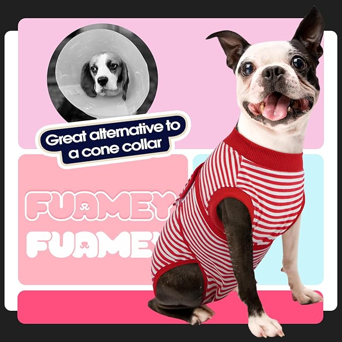 FUAMEY Dog Recovery Suit Male,Dogs Surgery Neuter Suits Puppy Spay Shirts for Female Protect Dog's Skin Anti Licking Abdominal Wounds Doggie Onesie Pet Bodysuit Alternative to Cone Red Stripes M