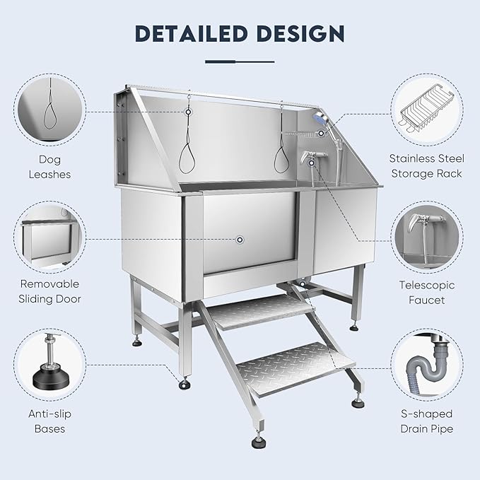 Dog Bathtub XL Professional 62inch Dog Washing Station Stainless Steel Pet Grooming Tub for Extra Large Dogs Wash Tub, Medium, Small Dogs Cats with Left Sliding Doors, Steps, Right Faucets