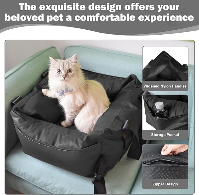 Dog Car Seat for Small Dogs, Large Leather Dog Car Bed with Storage Pocket, Waterproof PVC Leather Booster Seat Travel Bed for Front & Back Seat, Clip-On Safety Leash (Black)