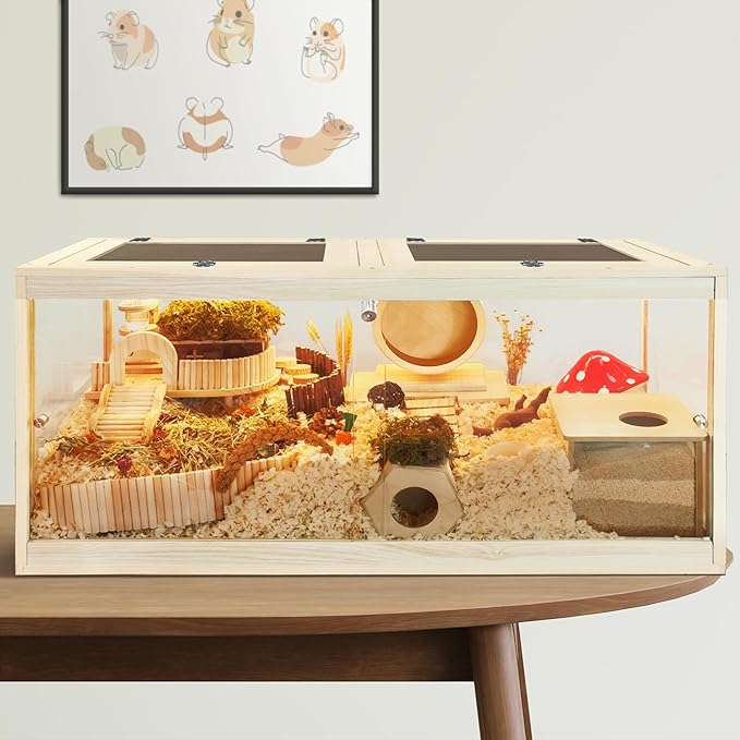Prolee Hamster Cage with Lock Design,Large Hamster Enclosure with Openable Metal Mesh Top,Wooden Chewproof Gerbil Cage for Hedgehog Mouse Gerbil (48"x20"x20")