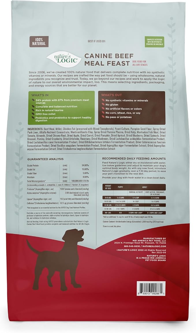 NATURE'S LOGIC Dry Dog Food - 100% Natural - No Synthetics - for All Ages, Sizes, Breeds - Free from Common Allergens, High Protein - Beef Meal Feast, 13lbs
