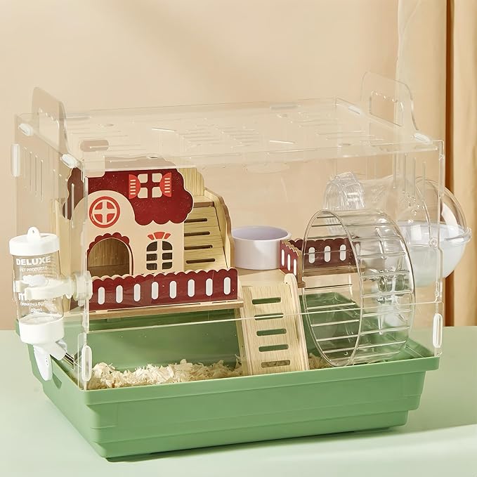 8 in 1 Clear Acrylic Hamster Cage with All Accessories,13.5''L* 10''W* 13''H Dwarf Hamster Cage,Small Hamster Habitat,Garden Style Mouse Cage for Pet Mice,Hamster Enclosure with Stairs(1-Layer)