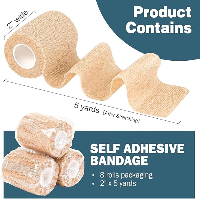 AZEN 8 Pack Self Adhesive Bandage Wrap, 2" X 5 Yards Elastic Cohesive Bandage Wrap, Skin Color Athletic Tape, Vet Wrap, Ankle Tape, Tattoo Grip Tape Wrap