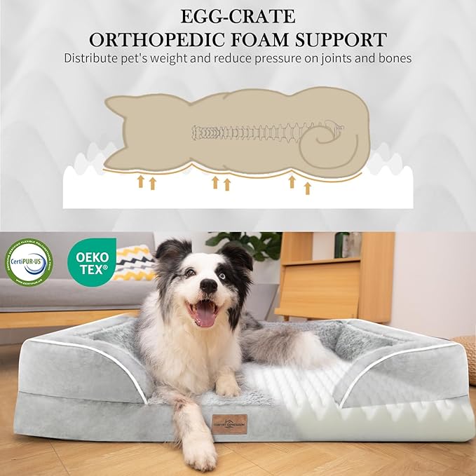 Comfort Expression Large Dog Beds Waterproof Orthopedic Foam Dog Sofa Beds Comfy Pet Bed with Washable Removable Cover & Non-Slip Bottom(Large,Grey White)