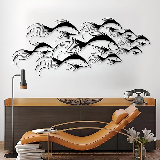 School of Fish Metal Wall Art, Metal Fish Wall Decor, Sea Life Wall Art, Large Nautical Wall Hanging, Modern Beach House Wall Decor, Ocean Themed Artwork for Bathroom (White, 59"x25" | 150x64cm)