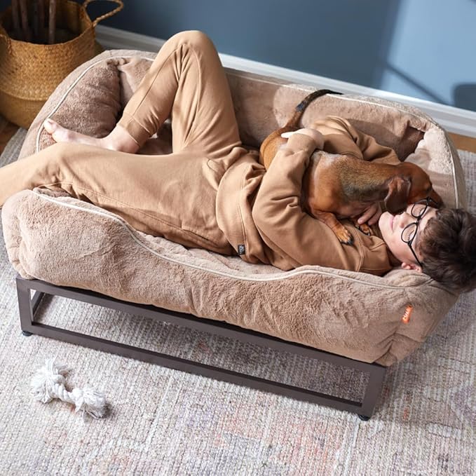 FUZI Luxury Aesthetic Dog Bed for Small Dogs with Washable Cover, Pet Couch, Pet Bed with Sides, Non-Slip Bottom, Soft and Durable Calming Dog Bed, Faux Rabbit Fur, Small 25.1x16.75x9.5 Light Brown